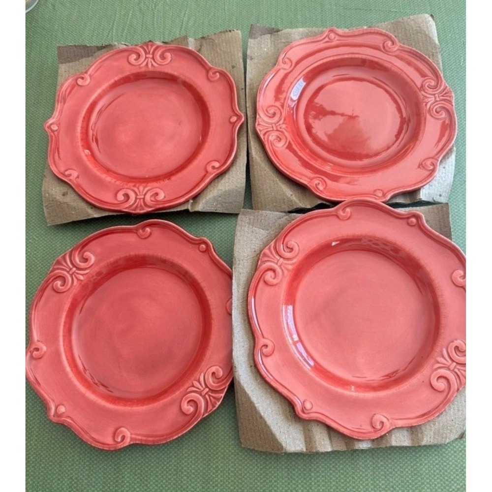 Set of 4 Gallery Cherry Red Stoneware Salad Plates Scalloped 8.5" Tabletops